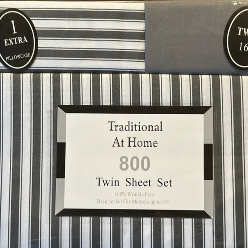 Traditional At Home 4 pc Twin Sheet Set Gunmetal Gray and white stripes.